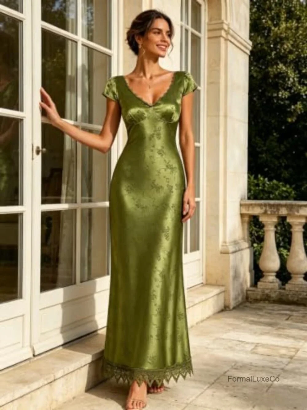 Satin Midi Dress Corset Crisscross Back Lace Trim Puff Sleeve